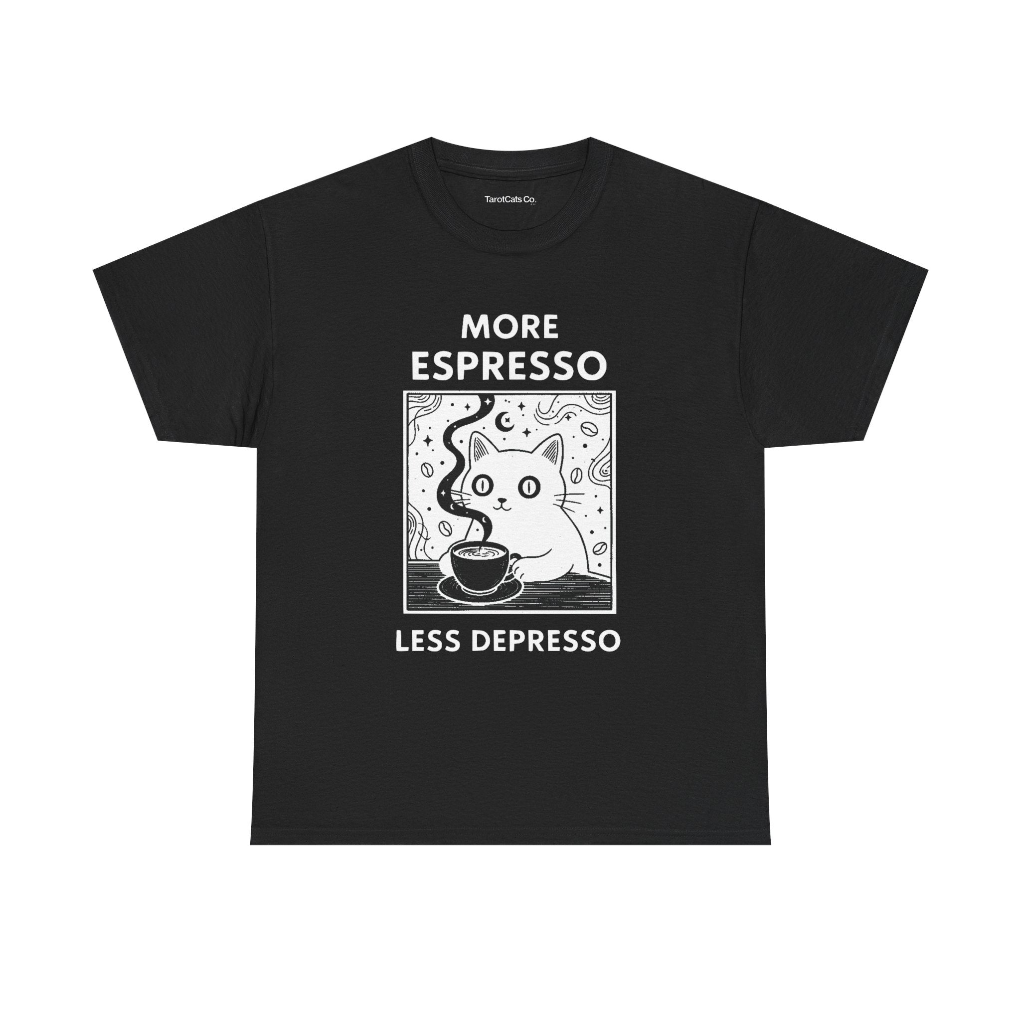 More Espresso Less Depresso Unisex Heavy Cotton T Shirt For Coffee Lovers And Cat Enthusiasts Gift Idea - TarotCats Co.