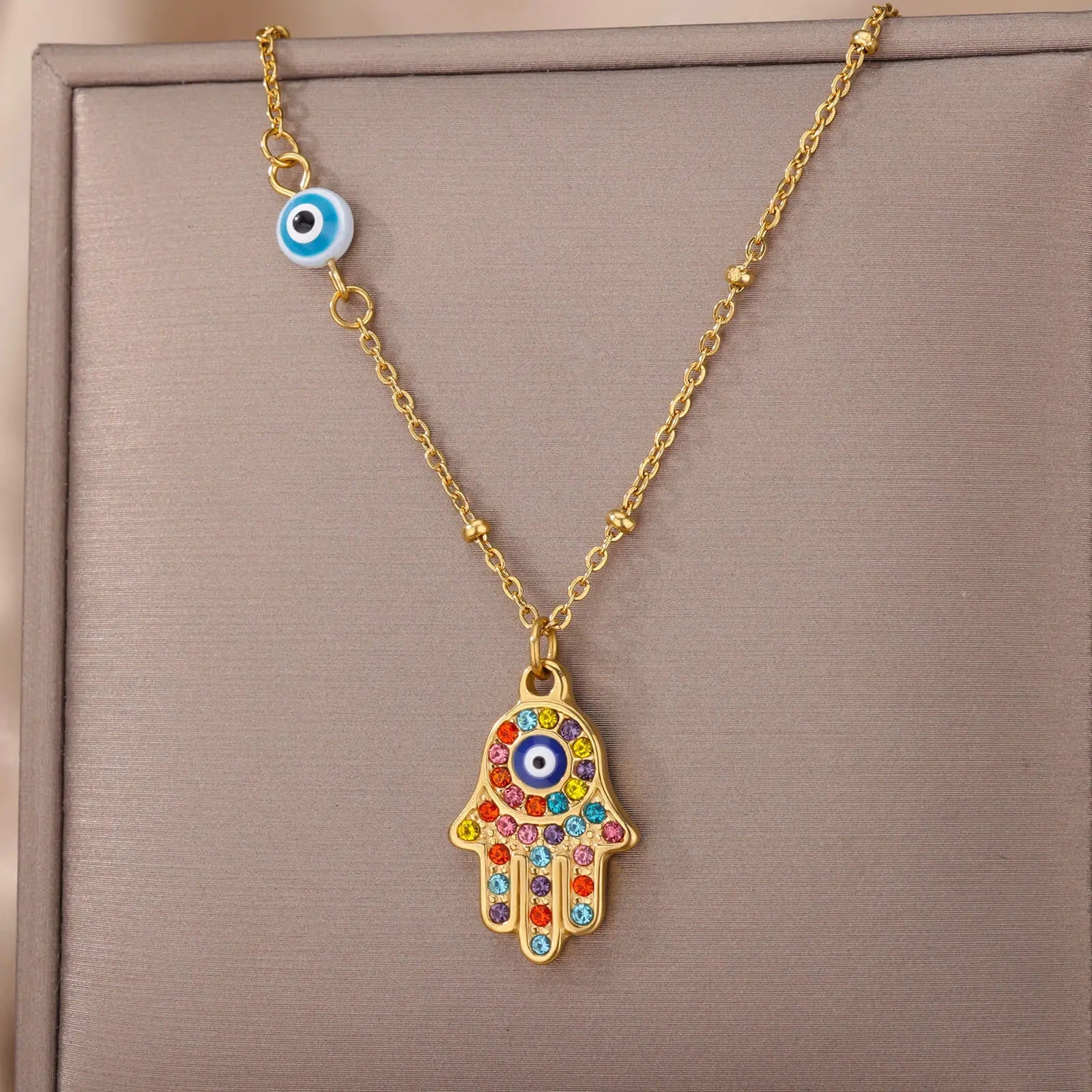Turkish Hamsa Evil Eye Necklace For Women In Gold Stainless Steel Pendant Protection Jewelry - TarotCats Co.