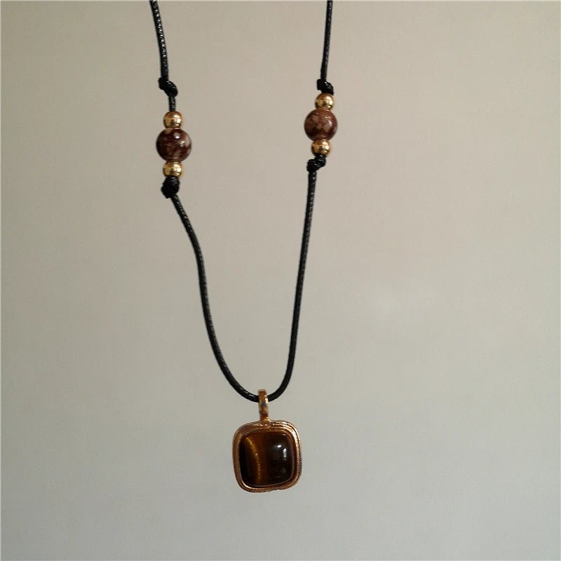 Vintage Leather Brown Stone Sun Pendant Necklace Unisex Jewelry For Men And Women - TarotCats Co.
