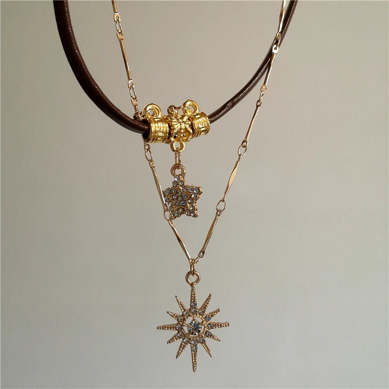 Vintage Leather Brown Stone Sun Pendant Necklace Unisex Jewelry For Men And Women - TarotCats Co.