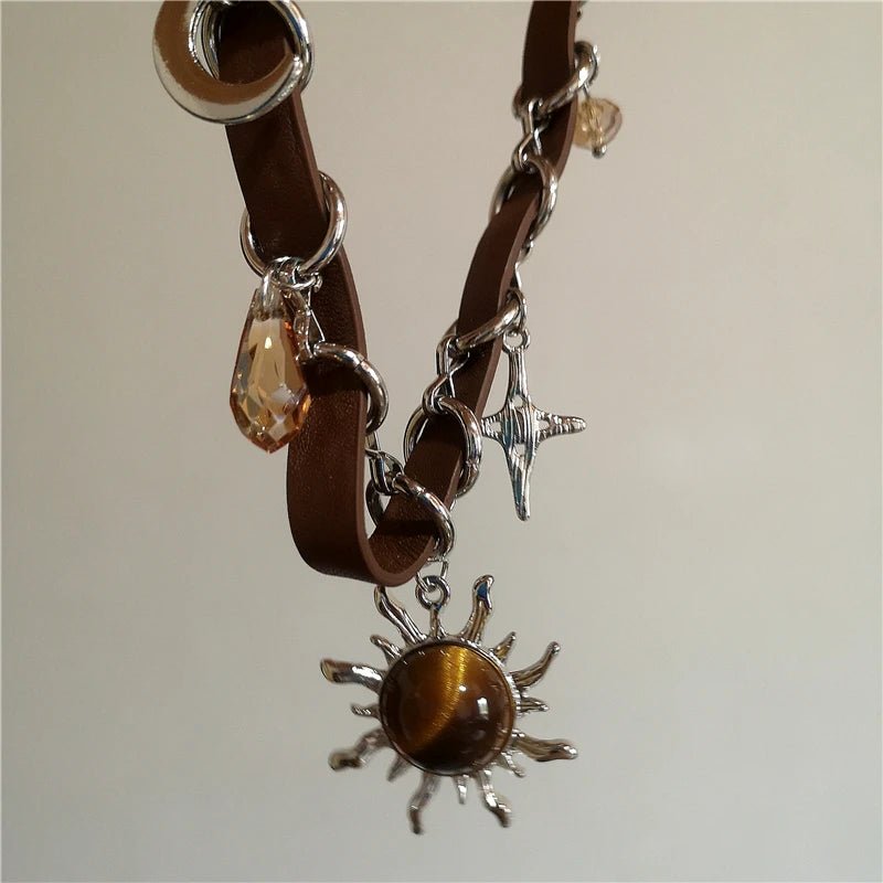 Vintage Leather Brown Stone Sun Pendant Necklace Unisex Jewelry For Men And Women - TarotCats Co.