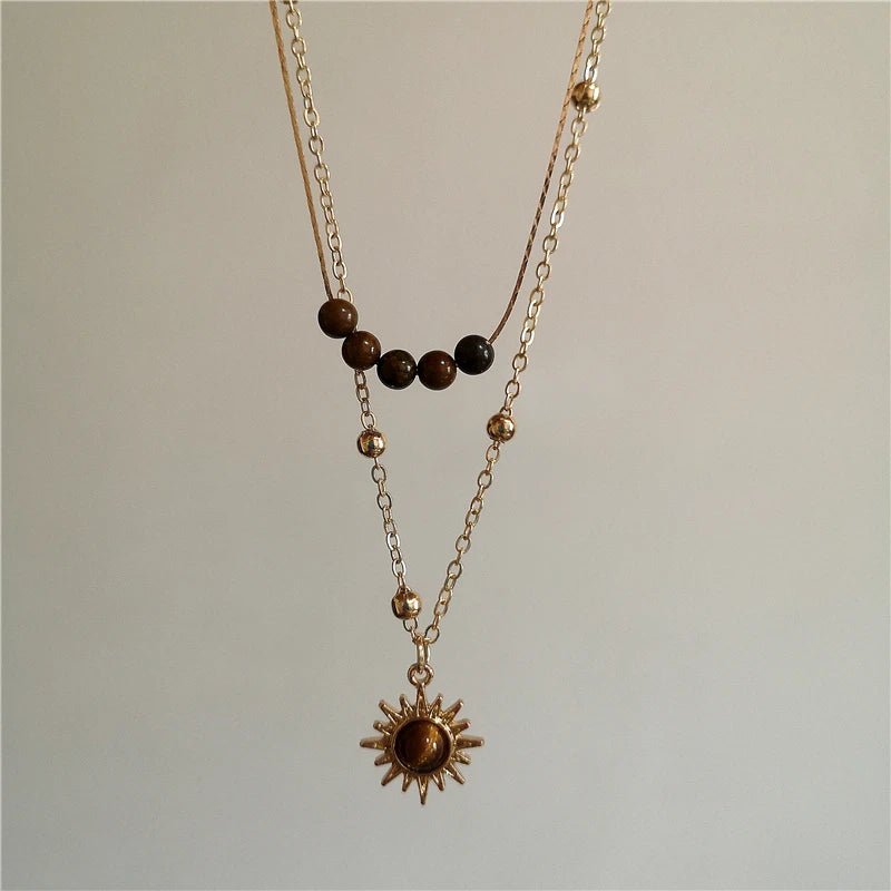 Vintage Leather Brown Stone Sun Pendant Necklace Unisex Jewelry For Men And Women - TarotCats Co.