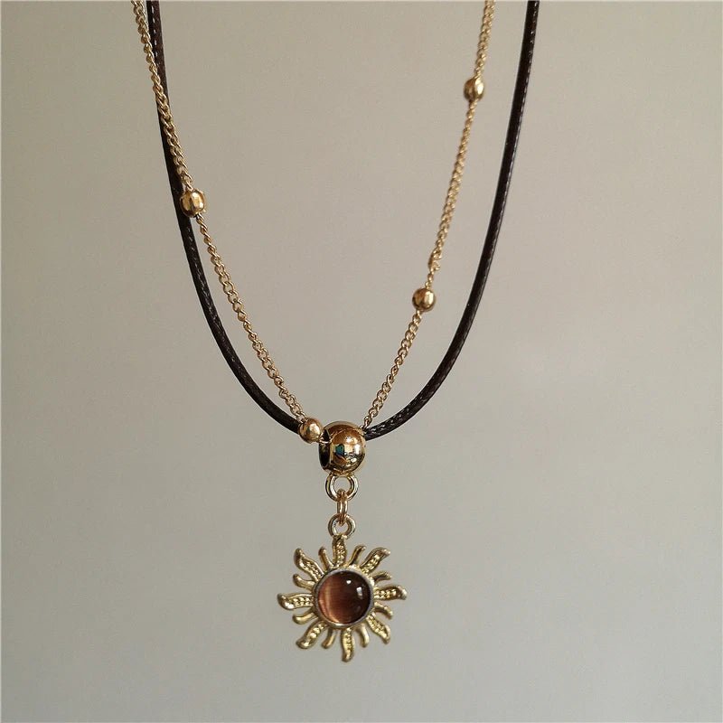Vintage Leather Brown Stone Sun Pendant Necklace Unisex Jewelry For Men And Women - TarotCats Co.